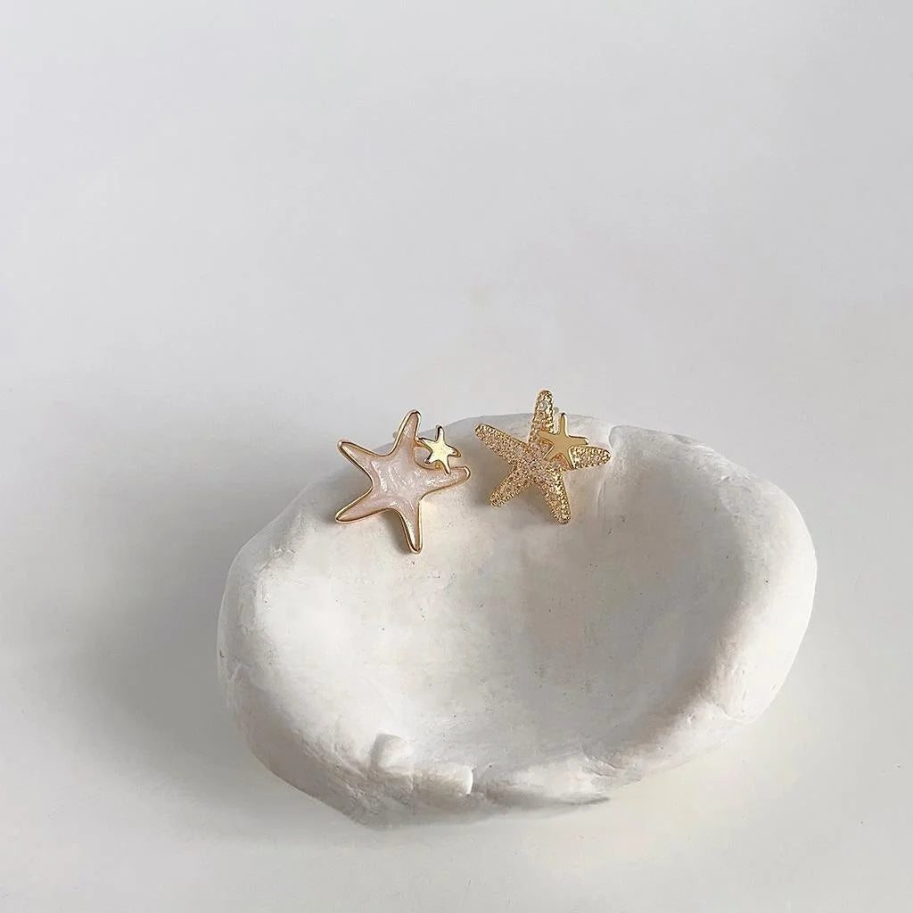 Sweet Asymmetric Starfish Stud Earrings With Micro Pave Zircon, 14K Plated Copper