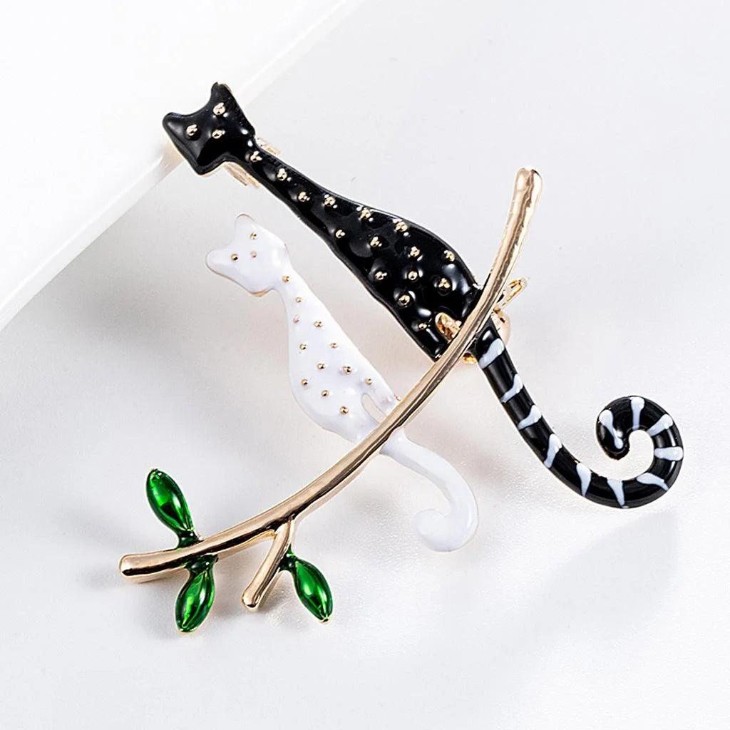 Cute Enamel Two Cats On Golden Branch Brooch For Women, Elegant Animal Lapel Pin Corsage Gift
