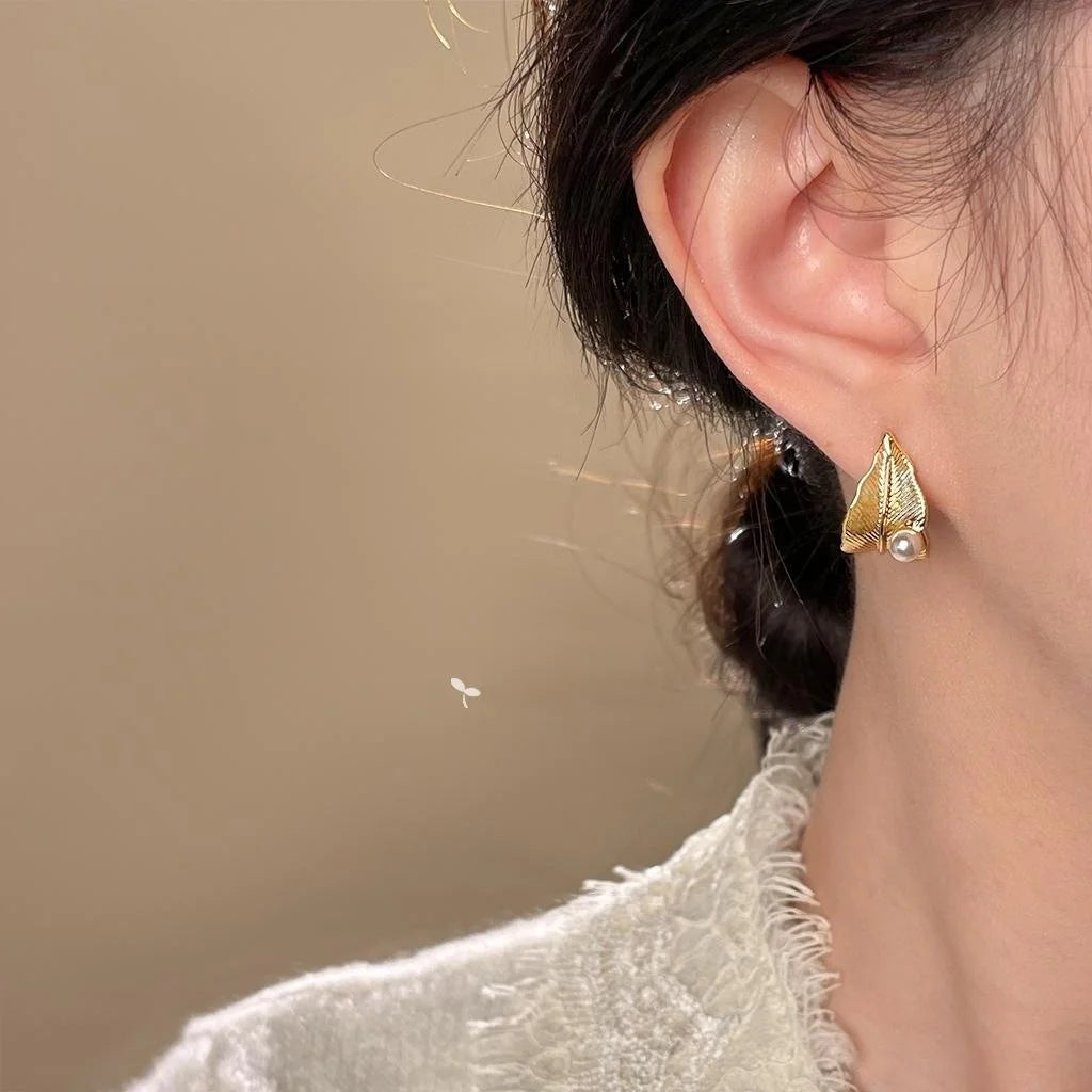 Light Luxury 14K Gold Plated Copper Leaf Drop Earrings With Silver Plated Posts