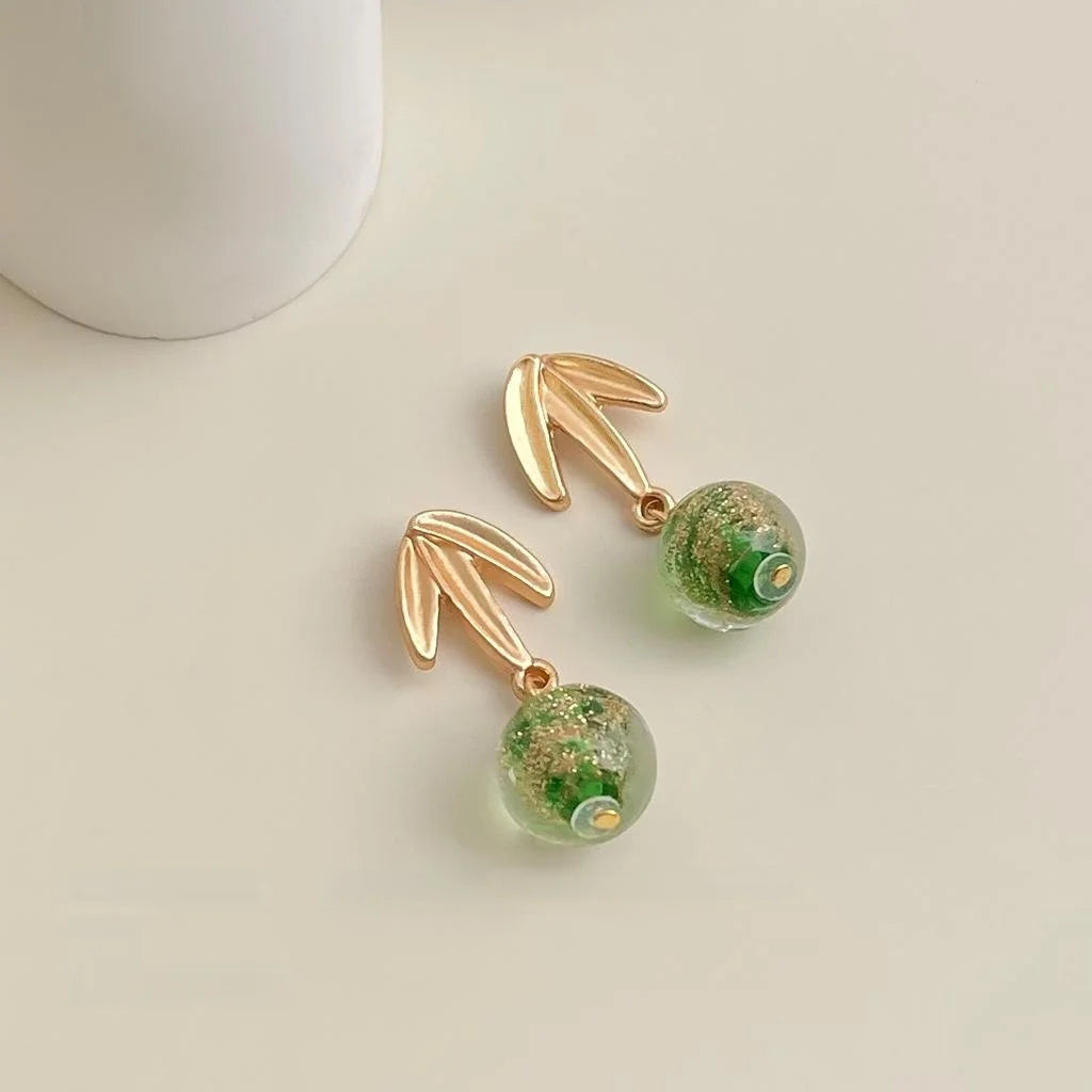 New Chinese Style Green Glass Bamboo Leaf Drop Earrings Handmade Vintage Women Jewelry