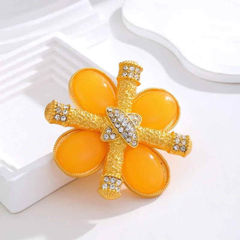 Elegant Yellow Baroque Flower Brooch With Rhinestone Enamel Petals, Luxury Lapel Pin Corsage Suit Accessory Gift