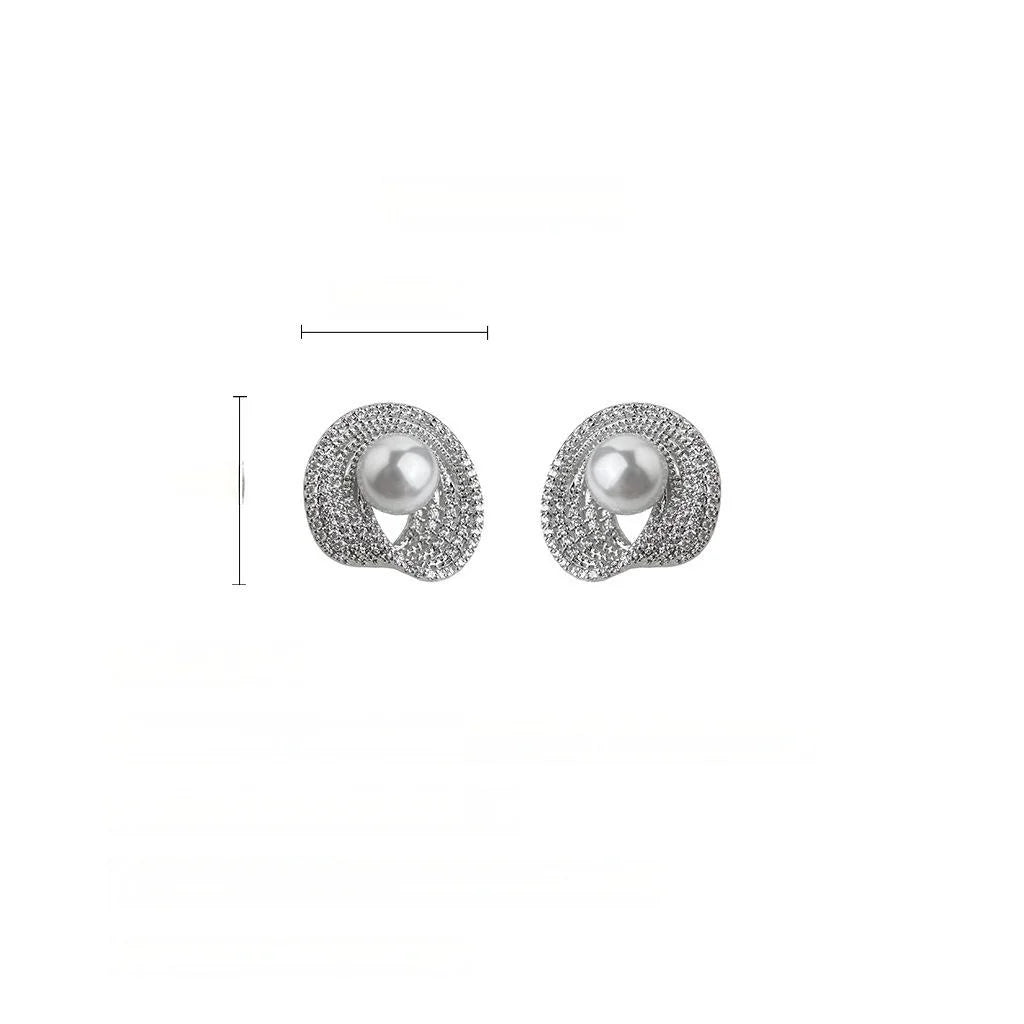 Luxury Copper Zircon Micro Pave White Pearl Geometric Mobius Ring Stud Earrings For Women