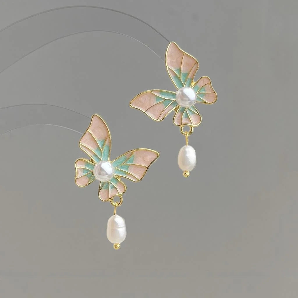 14K Plated Copper Butterfly Freshwater Pearl Stud Earrings French Vintage Handmade Jewelry