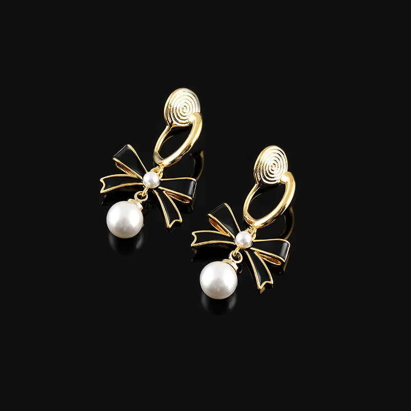 Elegant Black Enamel Bow Faux Pearl Drop Stud & Clip On No Piercing Alloy Fashion Earrings