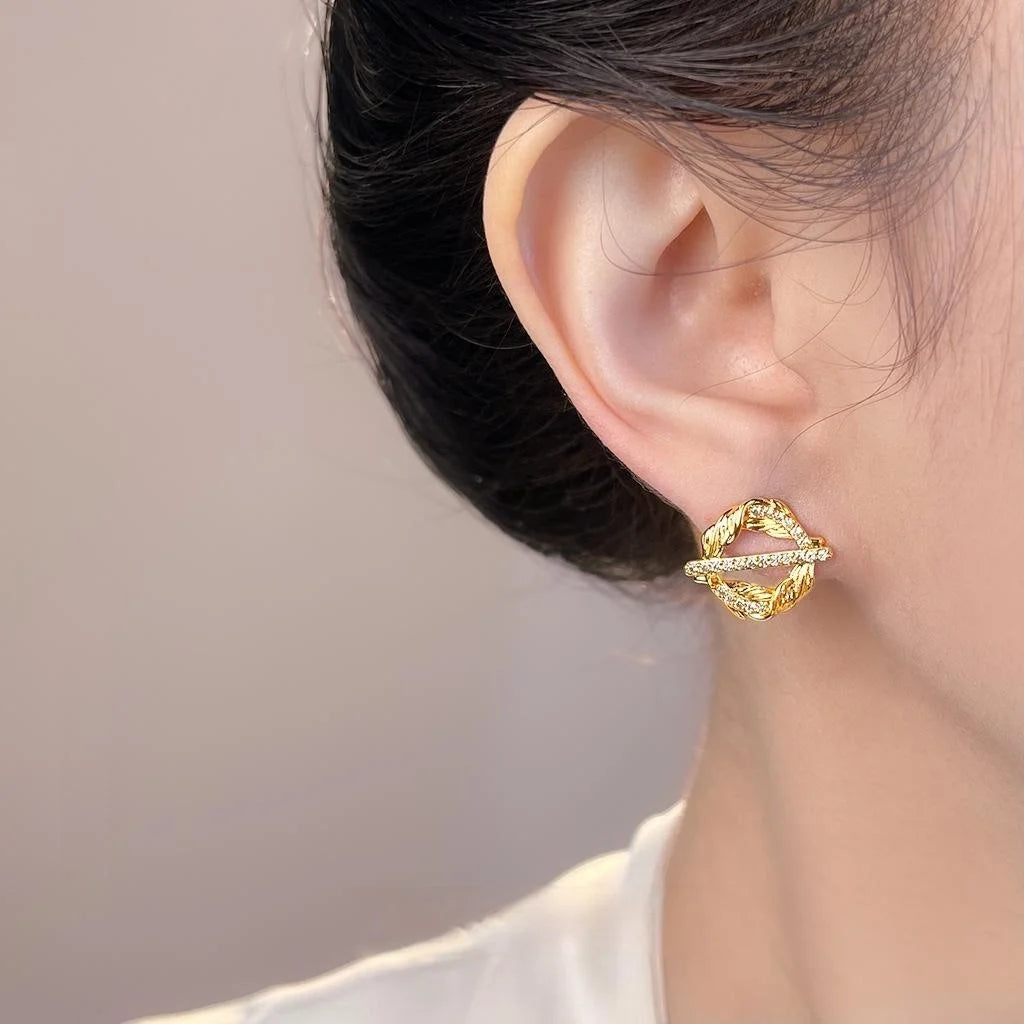 Original Wheat Ear Round Geometric Micro Pave Zircon Copper Stud Earrings