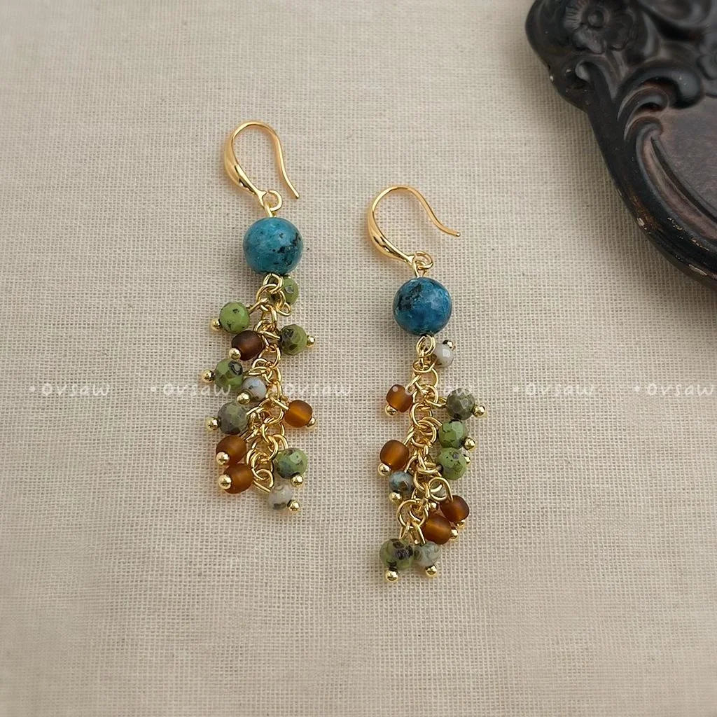 Vintage Ethnic Natural Stone Glass Geometric Tassel Drop Earrings Handmade Designer Jewelry