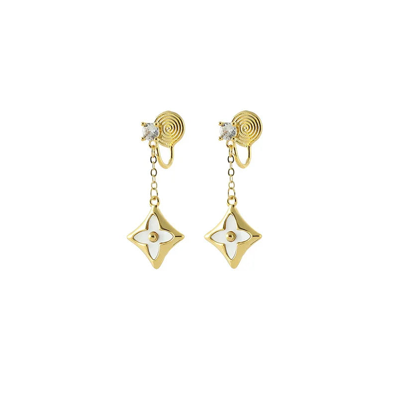 Elegant Gold Alloy White Enamel Shell Spiral Disc Chain Tassel Zircon Stud & Clip On No Piercing Drop Earrings