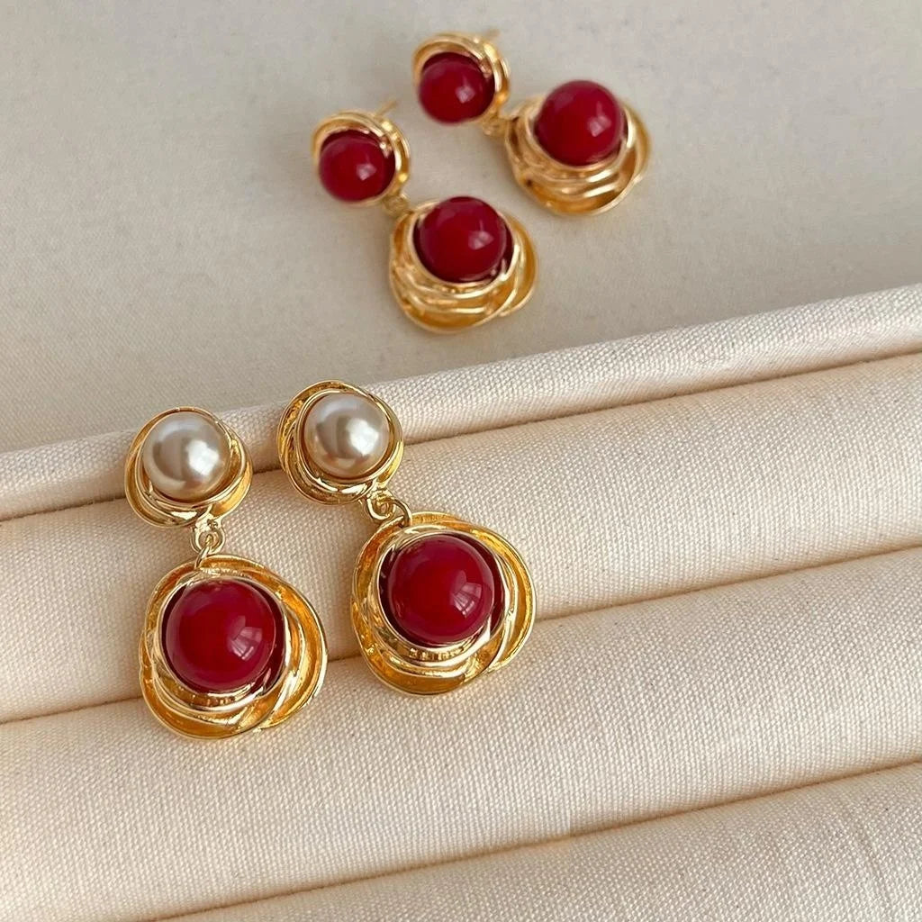 Vintage Burgundy Red Pearl Long Tassel Drop Earrings Handmade Copper Geometric Luxury Style