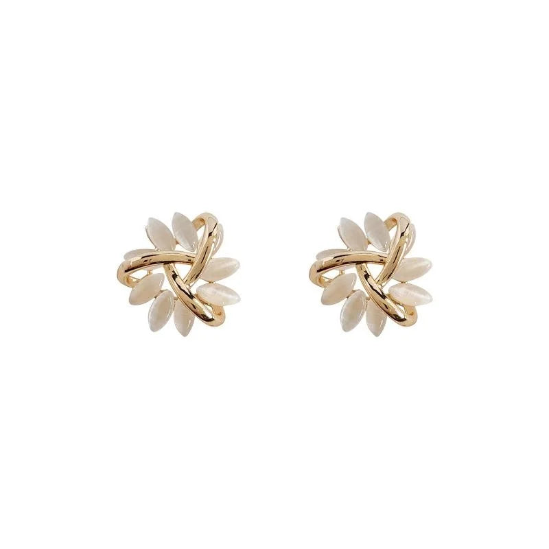 Elegant 14K Plated Copper Glass Cat Eye Stone Flower Petal Stud Earrings For Women