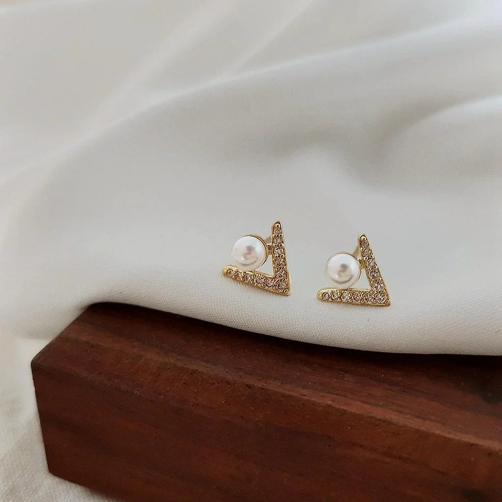 14K Gold Plated Copper Irregular Triangle Micro Pave Zircon Pearl Stud Earrings Korean Style