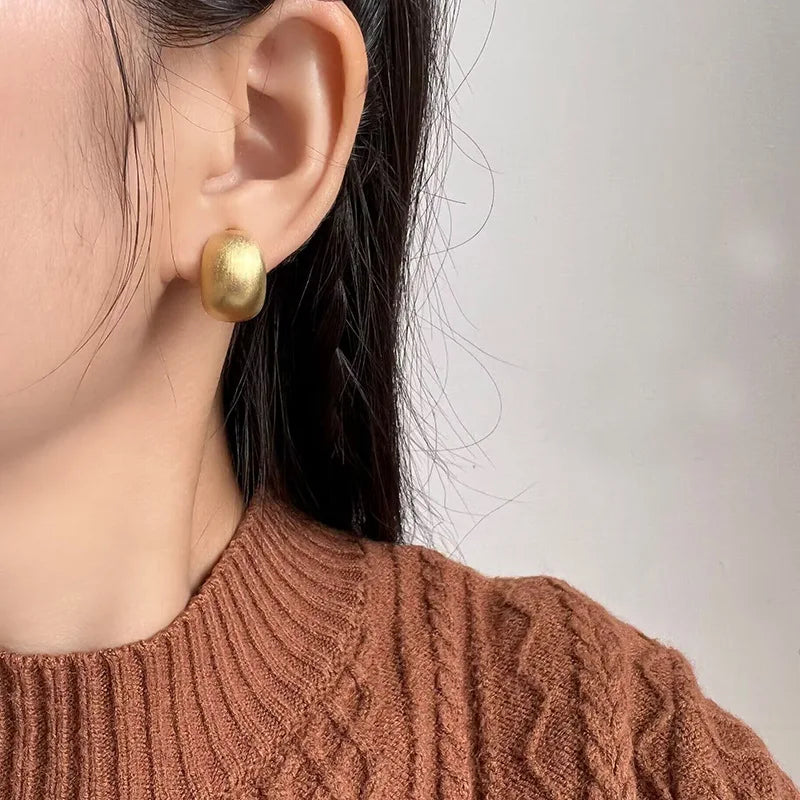 Elegant Brushed Alloy Bean Dome Stud & Clip On No Piercing Commuter Minimalist Metal Earrings