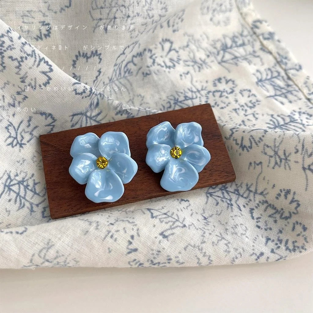 Vintage Enamel Orchid Flower Stud Earrings Gold Plated Copper Artsy Fresh Jewelry