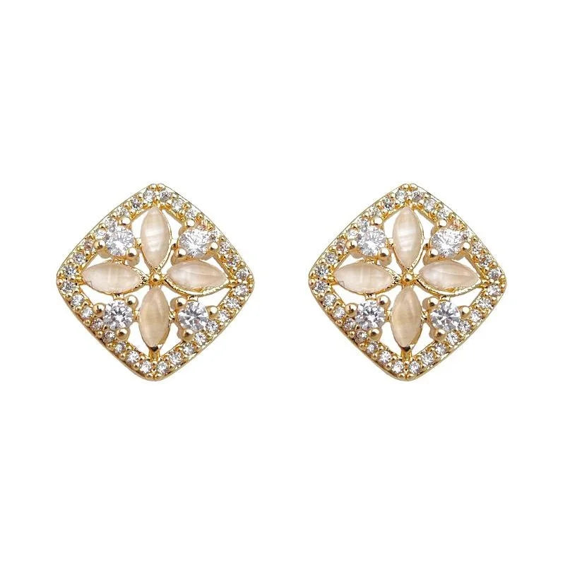 Fresh Sweet Geometric Square Flower Stud Earrings With Zircon And Glass Cat Eye Stones