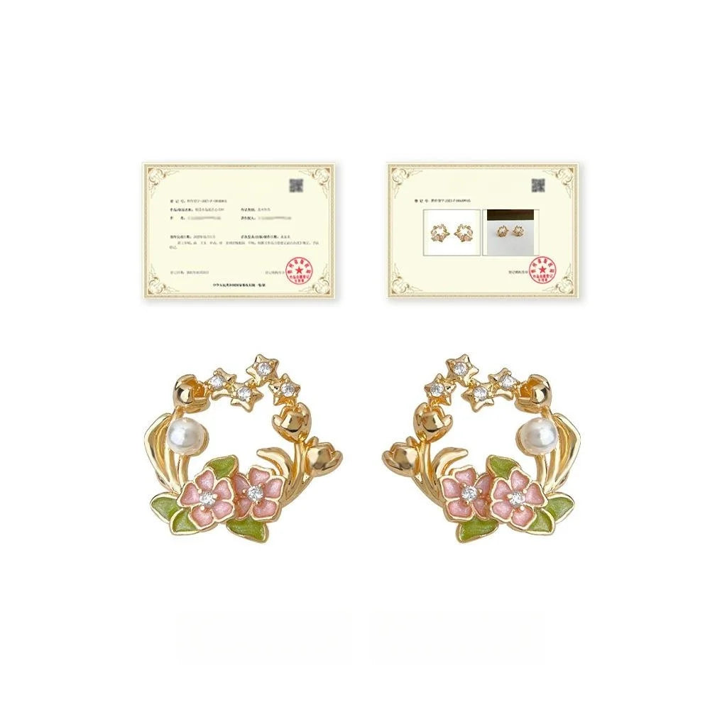 14K Plated Copper Enamel Rose Flower Stud Earrings With Zircon Pearl Chic Floral Jewelry