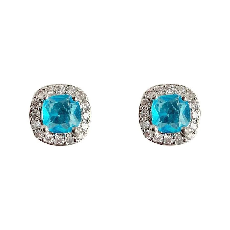 Minimalist Aqua Blue Square Geometric Zircon Stud Earrings Copper Fashion Jewelry