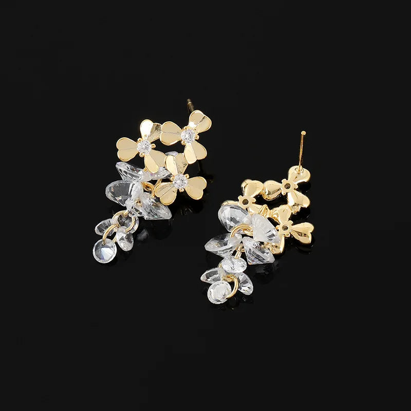 Elegant Gold Alloy Flower Zircon Grape Cluster Crystal Tassel Stud & Clip On No Piercing Earrings