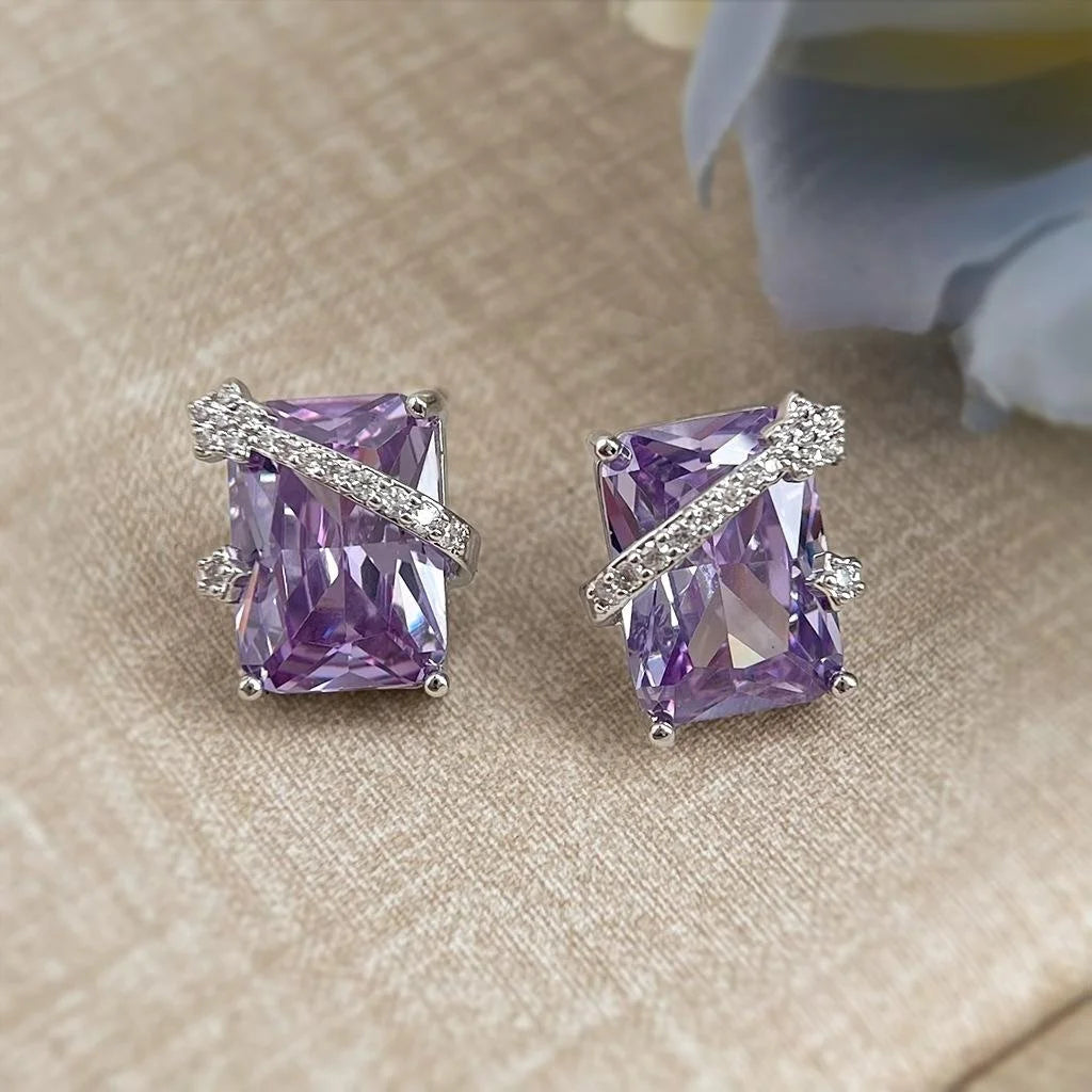 Sparkling Rectangular Purple Zircon Copper Stud Earrings Light Luxury