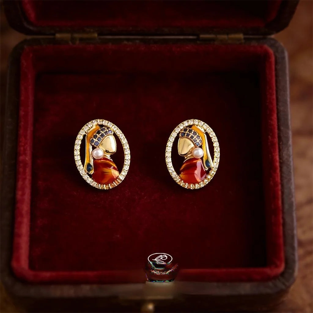 Maillard Style Pearl Girl Portrait Stud Earrings Copper Enamel Zircon