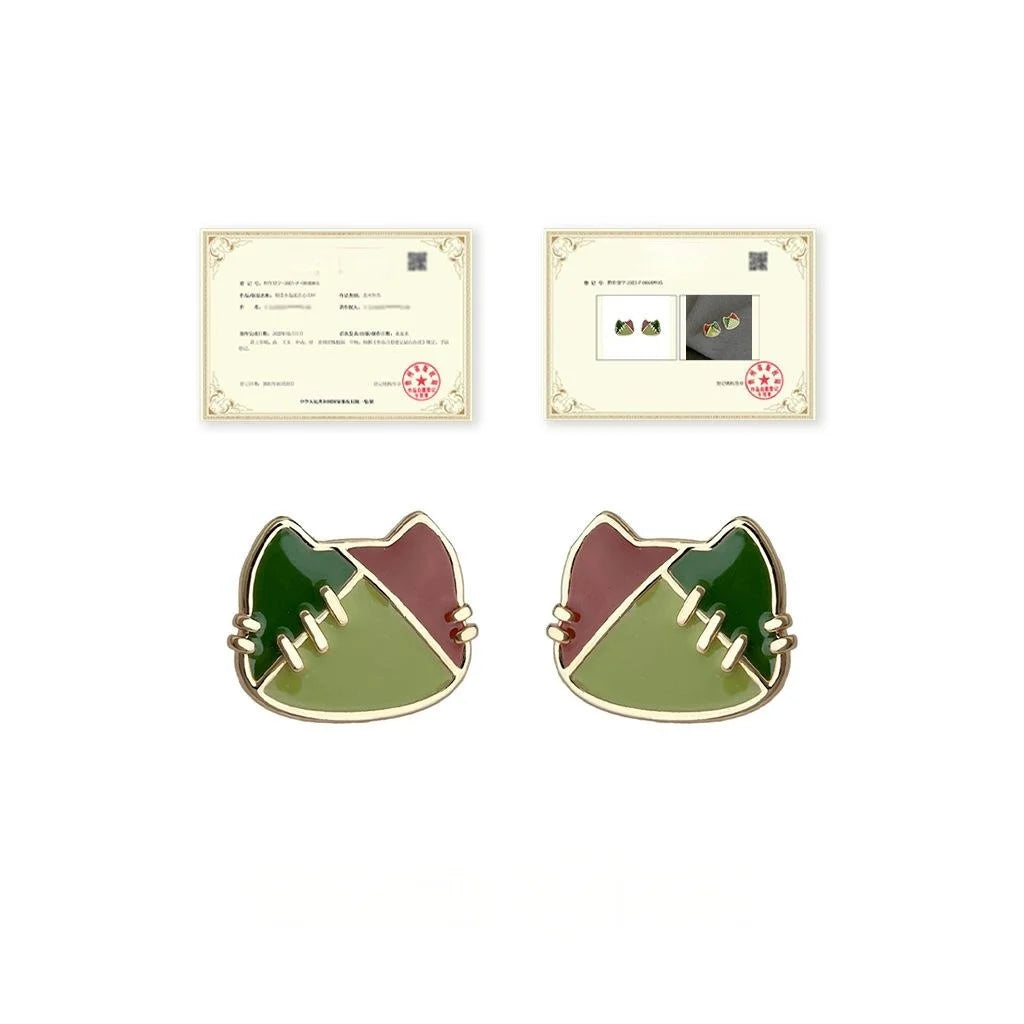 Handmade Painted Enamel Cat Head Stud Earrings Eco Copper Cute Artistic Jewelry