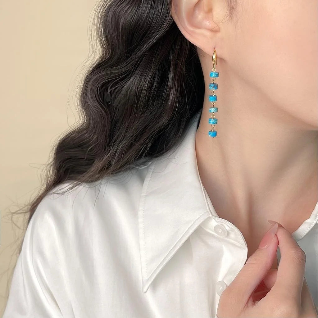 Ethnic New Chinese Natural Stone Geometric Ring Tassel Drop Earrings Handmade Long Dangle Jewelry