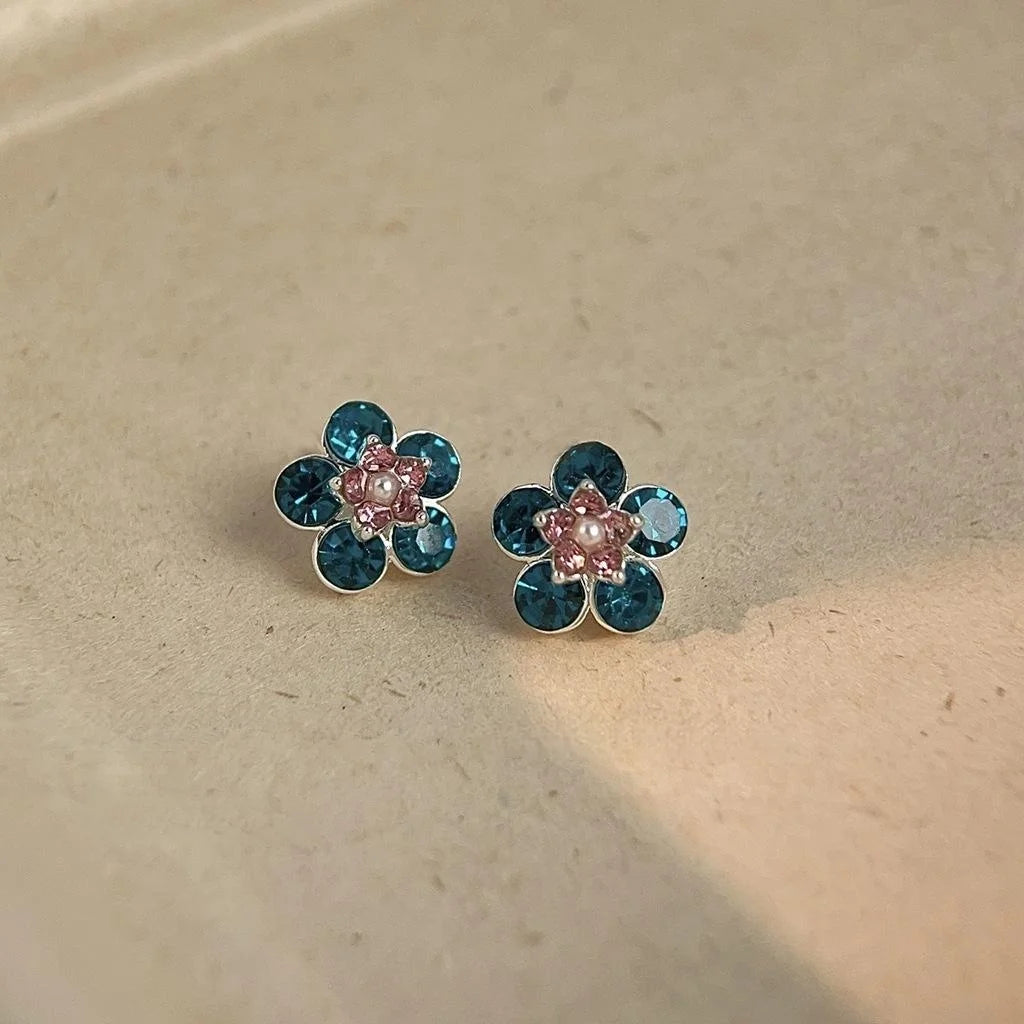 Peacock Blue Rhinestone Flower Stud Earrings Copper Pearl Silver Plated Pin Light Luxury Vintage
