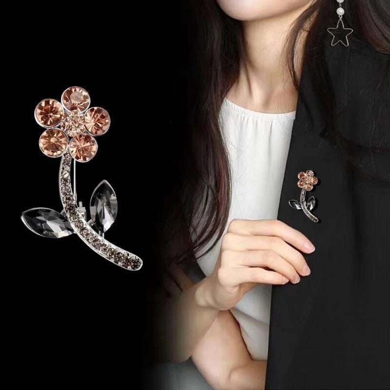 Elegant Rhinestone Flower Brooch With Crystal Leaves, Alloy Floral Lapel Pin Corsage Suit Accessory Gift