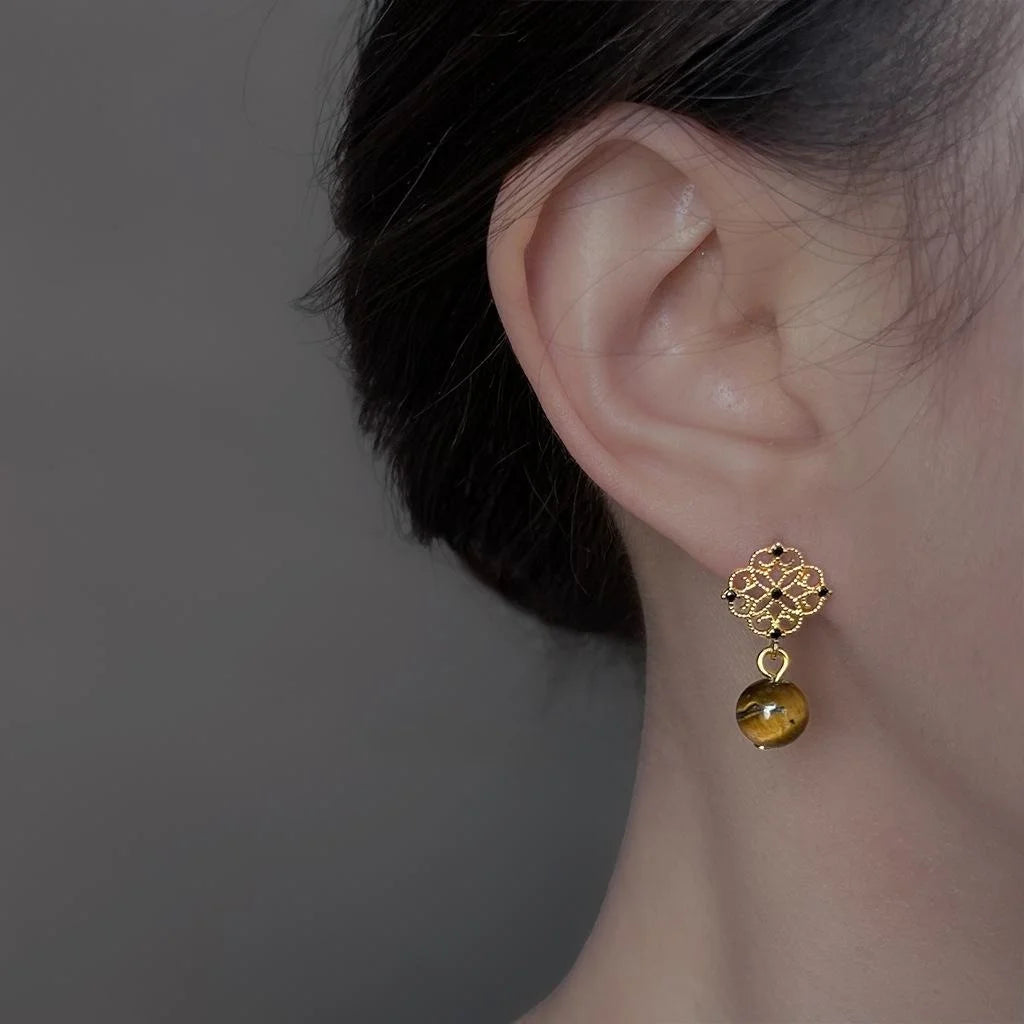 Light Luxury Natural Tiger Eye Stone Zircon Micro Pave 14K Plated Floral Geometric Drop Earrings