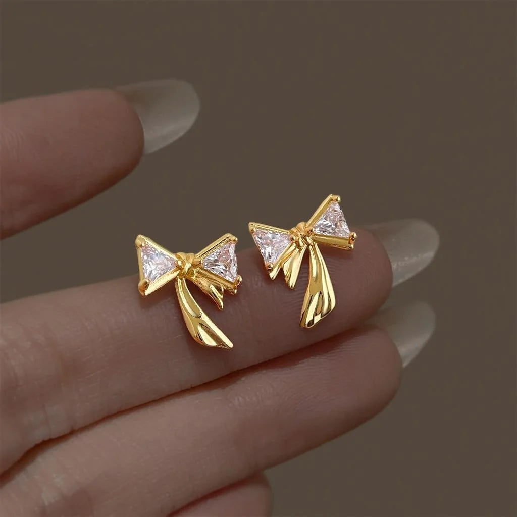 High End Zircon Bowknot Copper Stud Earrings For Women Minimalist Commuter Jewelry