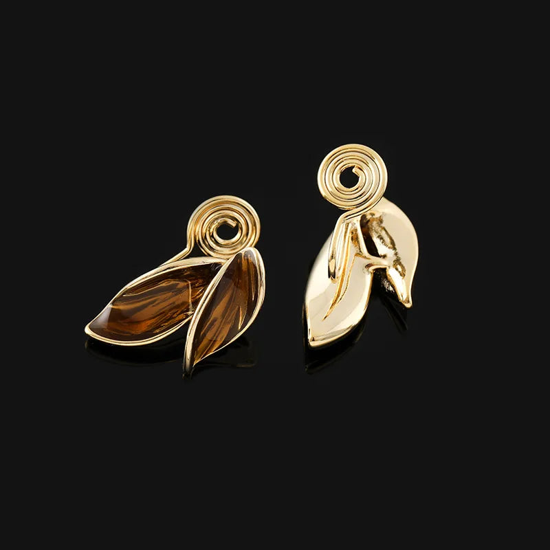 Elegant Brown Enamel Leaf Alloy Stud & Clip On No Piercing Autumn Winter Statement Earrings
