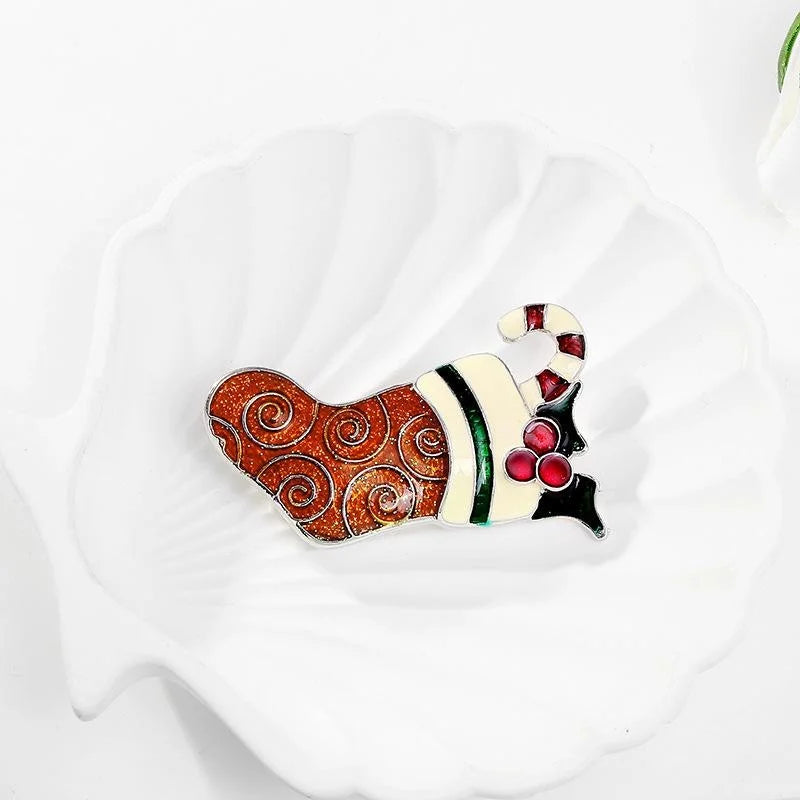 Christmas Stocking Enamel Alloy Brooch, Cute Candy Cane Holly Lapel Pin For Suit Accessory Gift