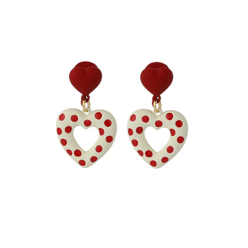 Vintage Red Polka Dot Heart Enamel Alloy Stud & Clip On No Piercing Sweet Dangle Earrings