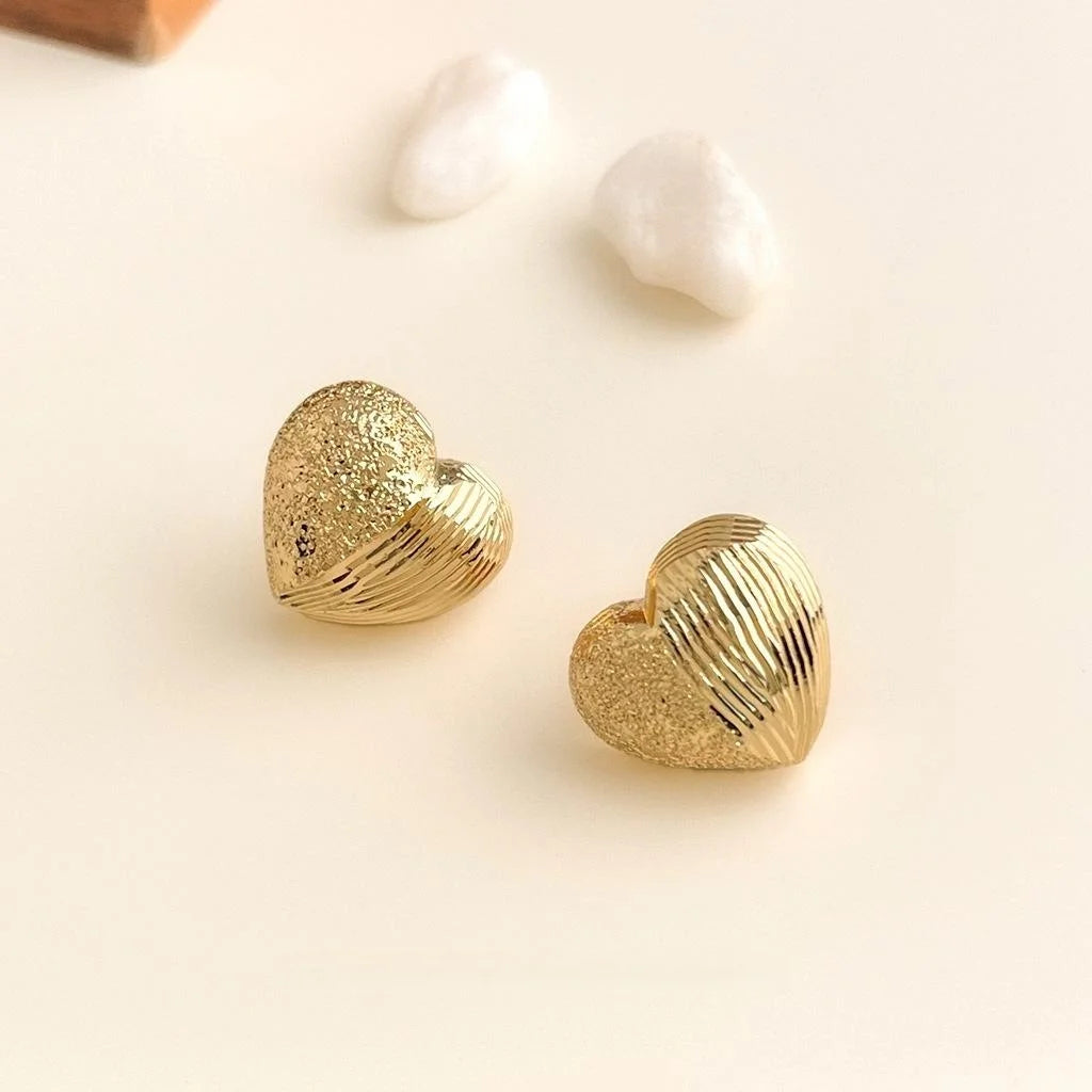 14K Gold Plated Copper Heart Stud Earrings Handmade Hammered Sand Texture Geometric Minimalist Jewelry