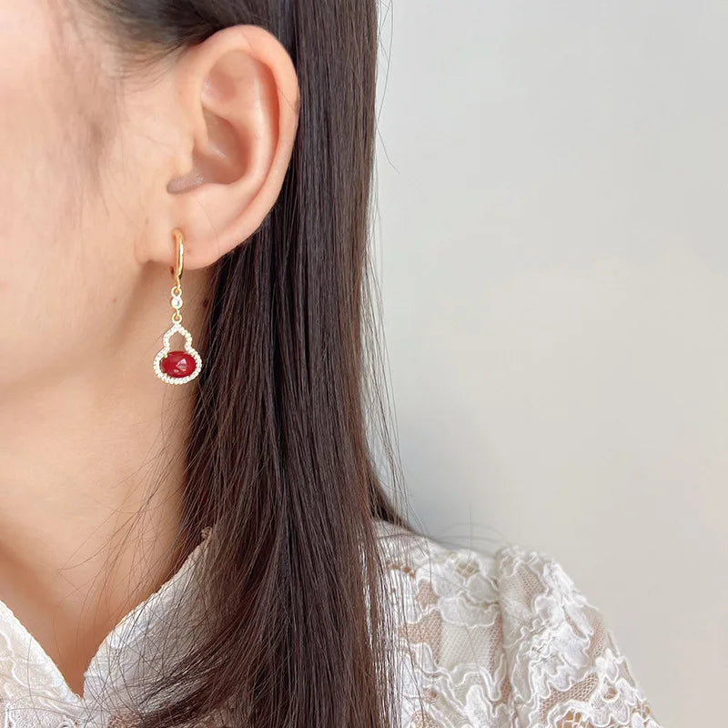 Vintage Red Gourd Zircon Drop Stud & Clip On No Piercing New Chinese Style Luxury Earrings