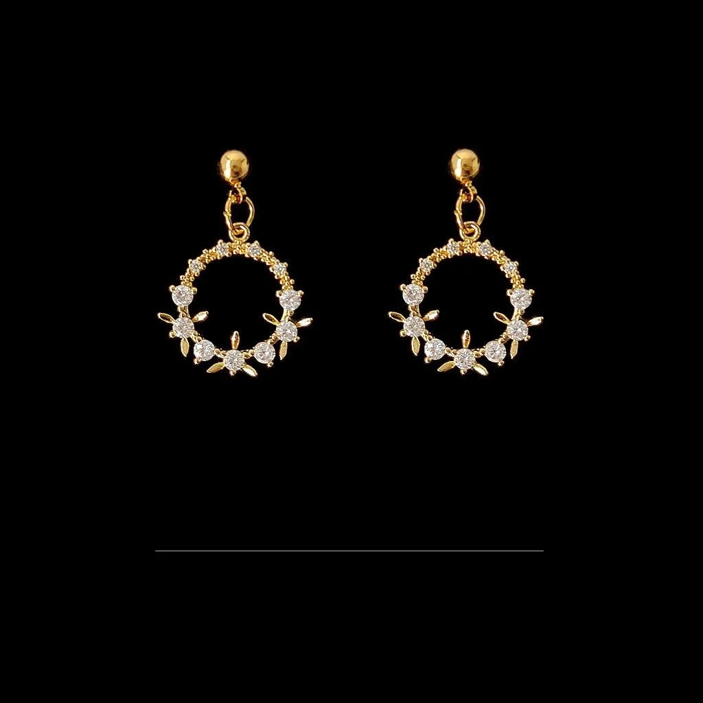 French Vintage Copper Micro Pave Zircon Floral Wreath Drop Earrings Romantic Court Style