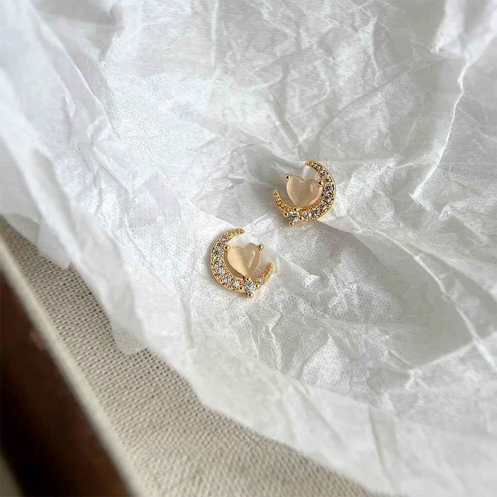 14K Gold Plated Copper Moon Stud Earrings With Zircon And Glass Cat Eye Stone Minimalist Cute Jewelry