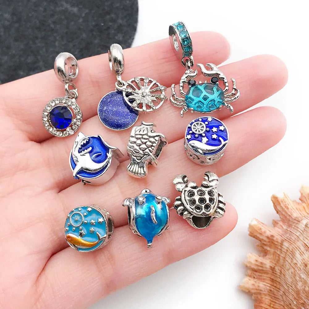 Blue Enamel Zinc Alloy Starfish Seahorse Crab Beads and Beads for DIY Bracelet