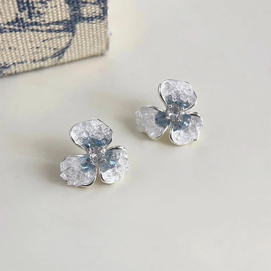 Elegant Iris Flower Drop Earrings Copper Micro Pave Zircon Glass Crystal Gradient Summer Jewelry