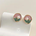 Sweet 14K Gold Plated Copper Freshwater Pearl Tulip Freesia Wheat Flower Stud Earrings