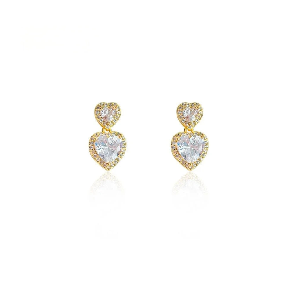 18K Gold Plated Copper Heart Zircon Drop Earrings, Light Luxury Sweet Elegant Jewelry