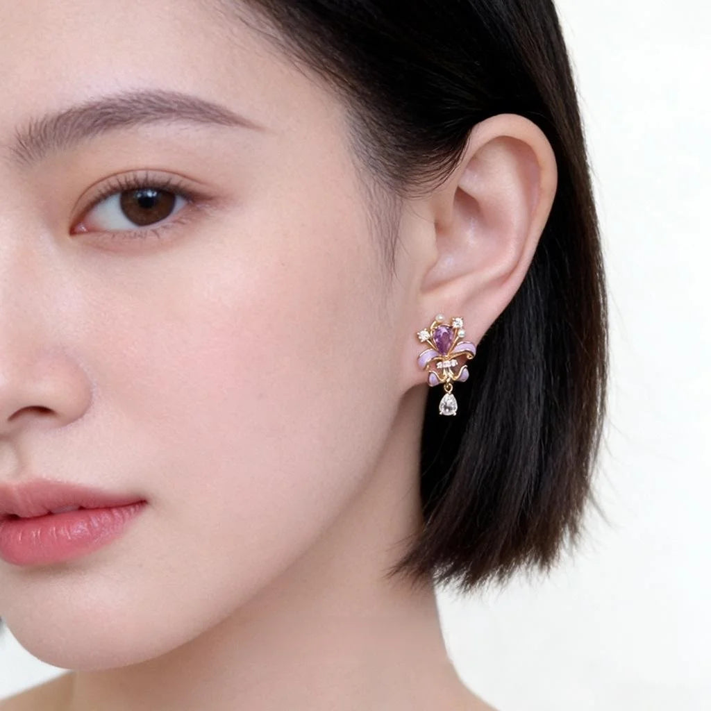 Enamel Painted Iris Flower Zircon Copper Stud Earrings, Forest Style