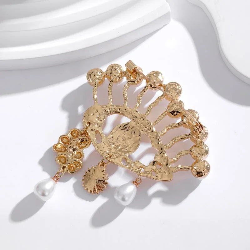 Luxury Evil Eye Pearl Rhinestone Tassel Brooch, Gold Alloy Statement Lapel Pin Suit Accessory Gift
