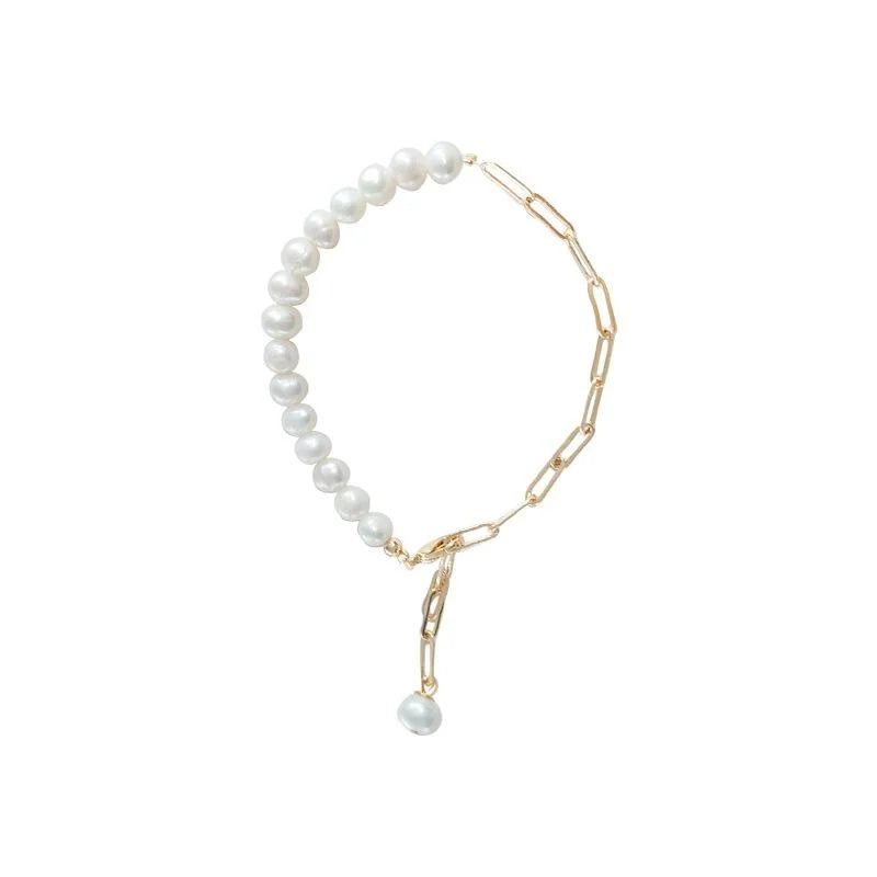 French Light Luxury Freshwater Pearl 14K Gold Plated Copper Handmade Geometric Bracelet