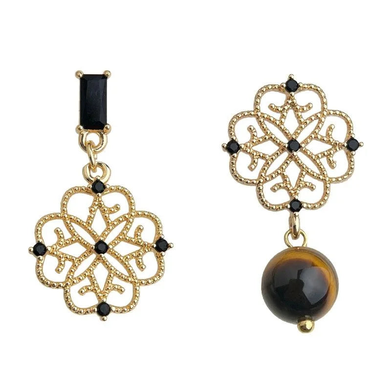 Old Money Copper Tiger Eye Zircon Micro Pave Asymmetric Geometric Drop Earrings