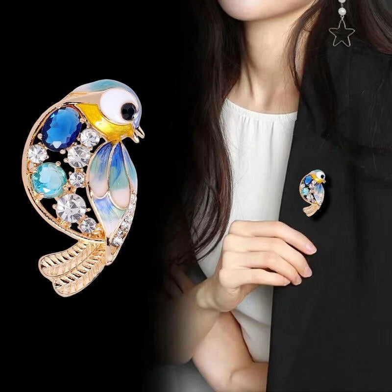 Elegant Blue Enamel Bird Brooch With Rhinestone Crystals, Luxury Alloy Lapel Pin Corsage Gift