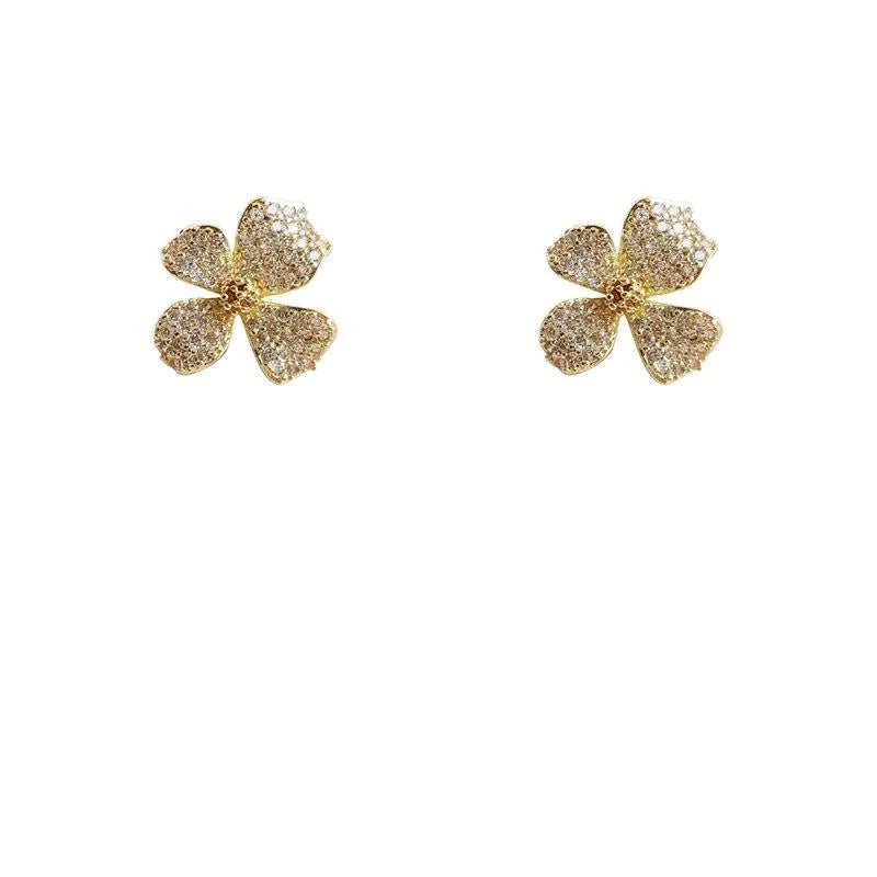 French Light Luxury Micro Pave Zircon Flower Stud Earrings Copper Petal Design Silver Plated Pins