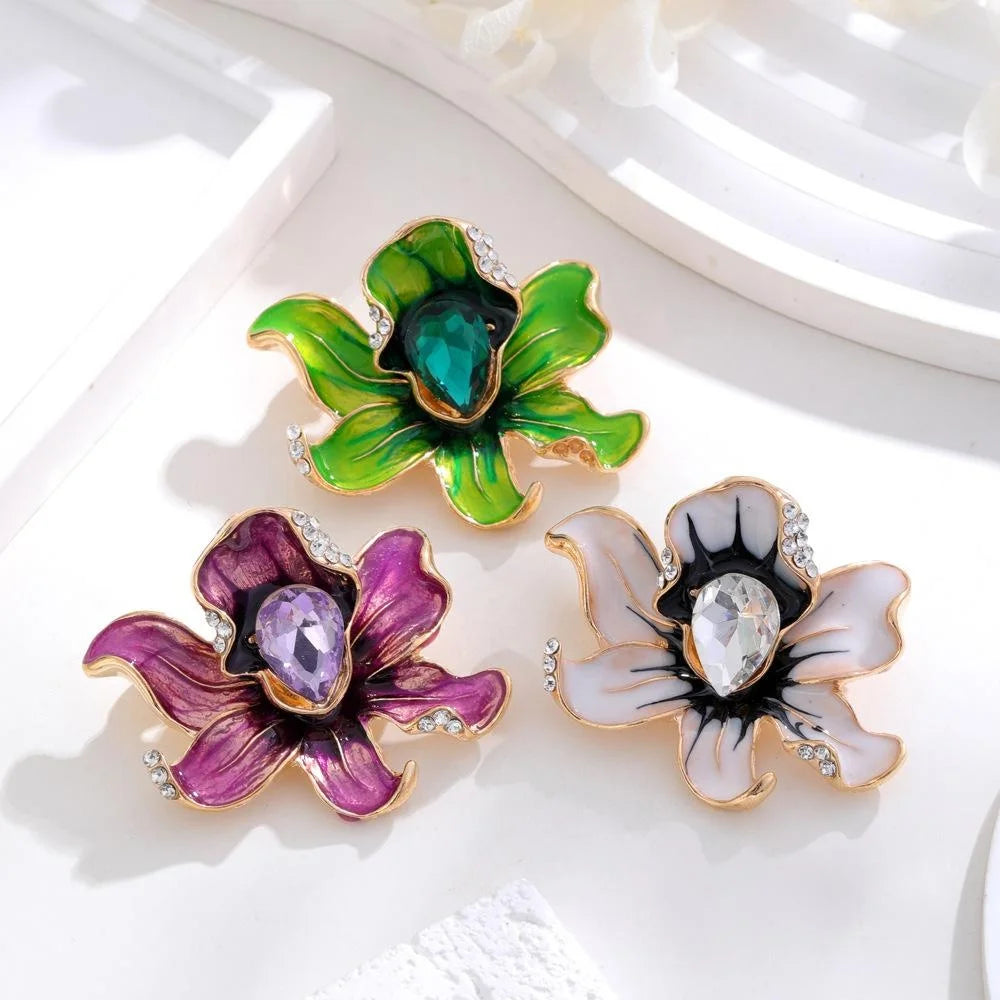 Elegant Green Enamel Peony Flower Brooch With Rhinestones, Gold Alloy Lapel Pin Corsage Gift