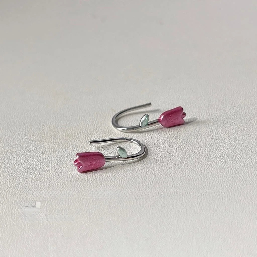 Silver Tulip Flower Copper Drop Earrings Forest Style Sweet Floral Jewelry