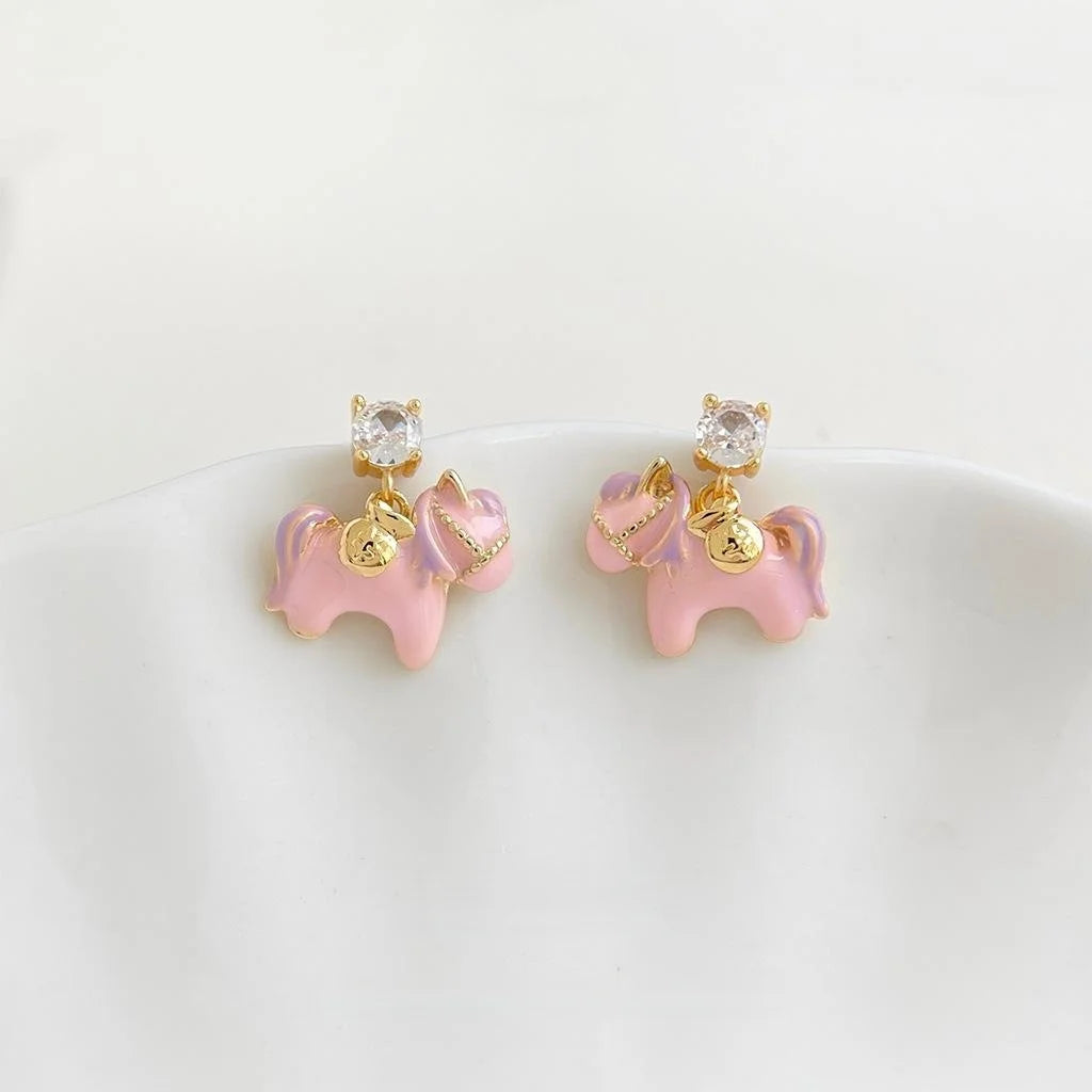 Sweet Pink Pony Zircon Enamel Copper Drop Earrings Chic Animal Jewelry