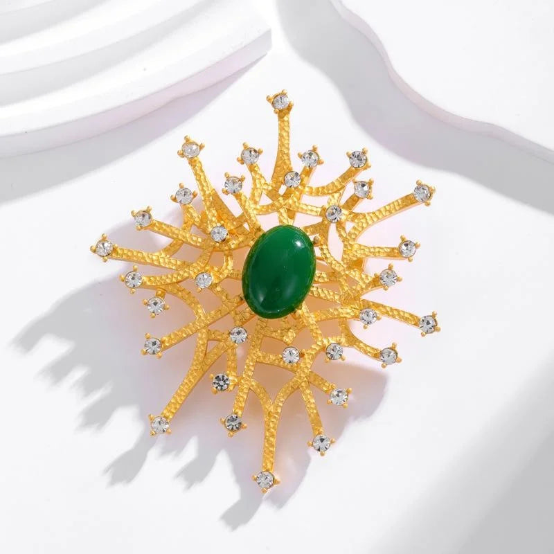 Vintage Spider Web Brooch With Green Cabochon And Rhinestones, Elegant Alloy Lapel Pin Suit Accessory
