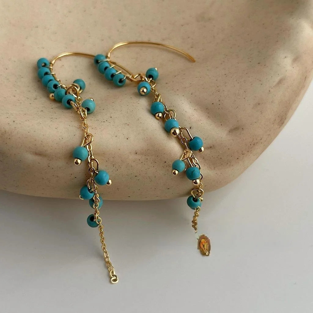 Original Design Long Tassel Drop Earrings Copper Faux Turquoise Ethnic Vintage Geometric Jewelry